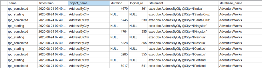 Data showing a filter on stored procedure name